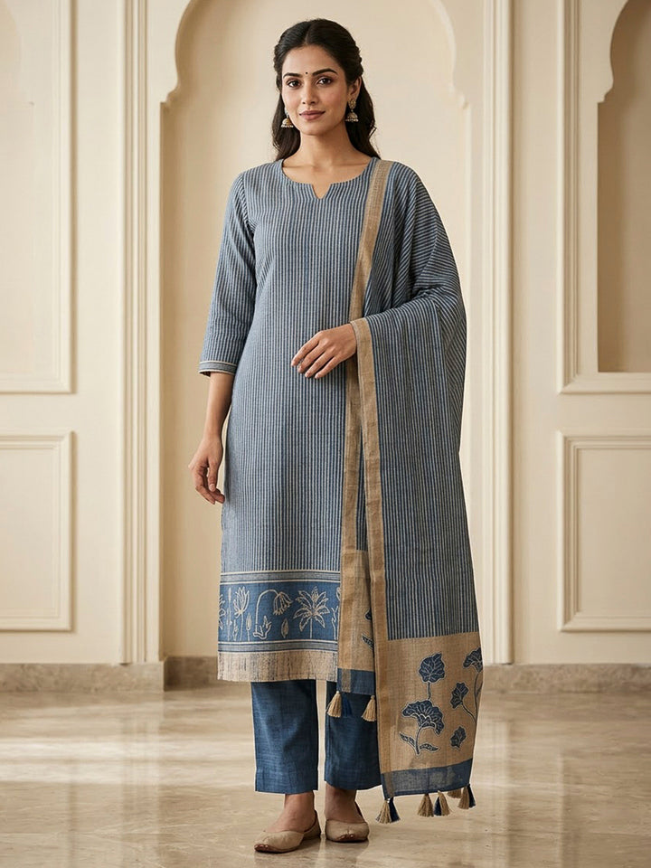 Blue Tussar Printed Unstitched Dress Material
