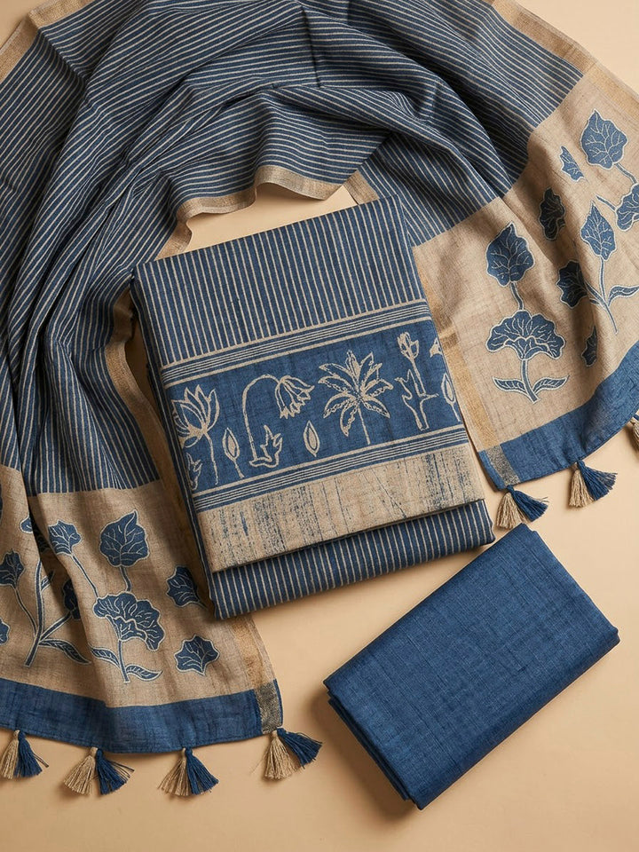 Blue Tussar Printed Unstitched Dress Material