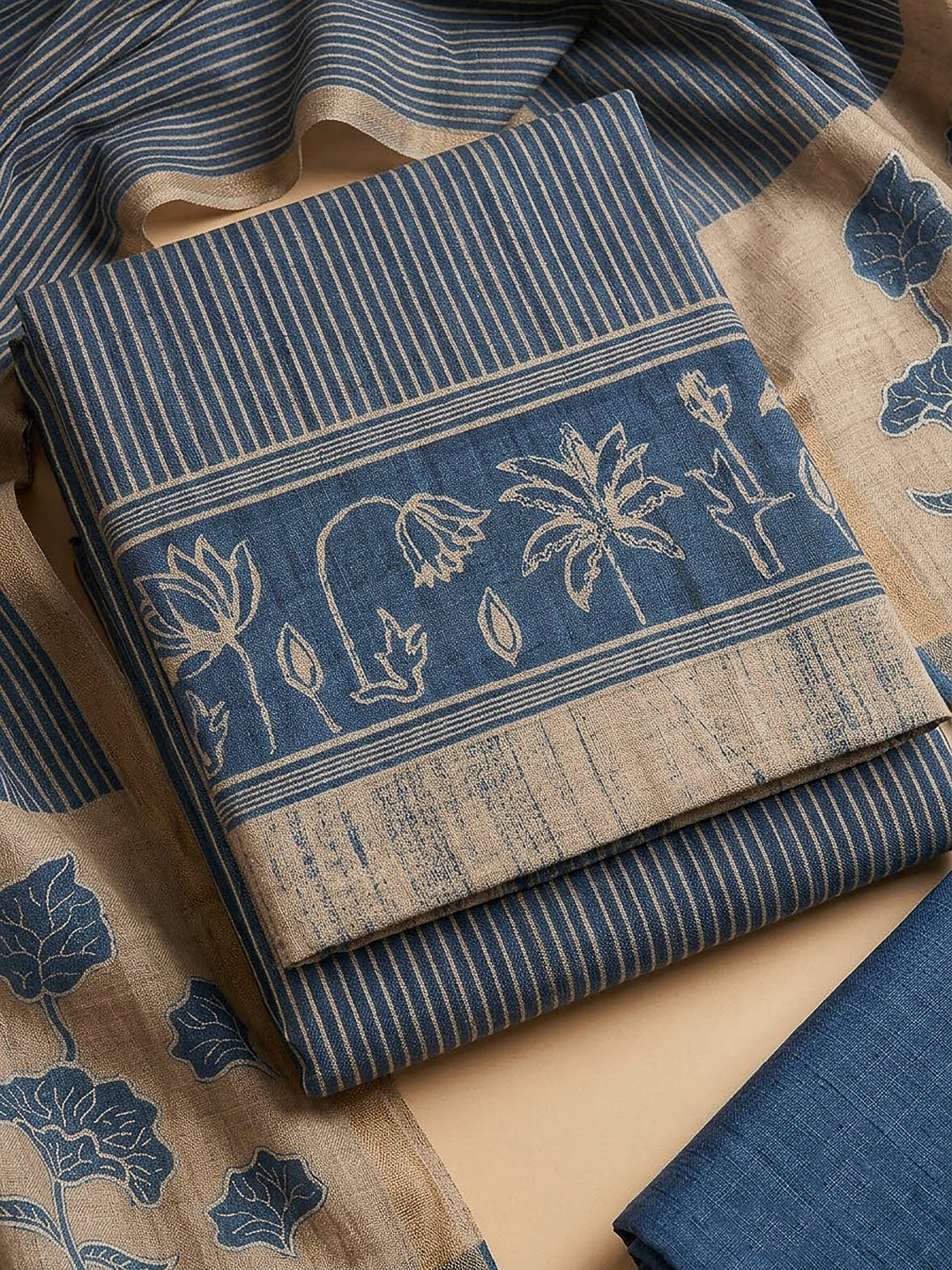 Blue Tussar Printed Unstitched Dress Material