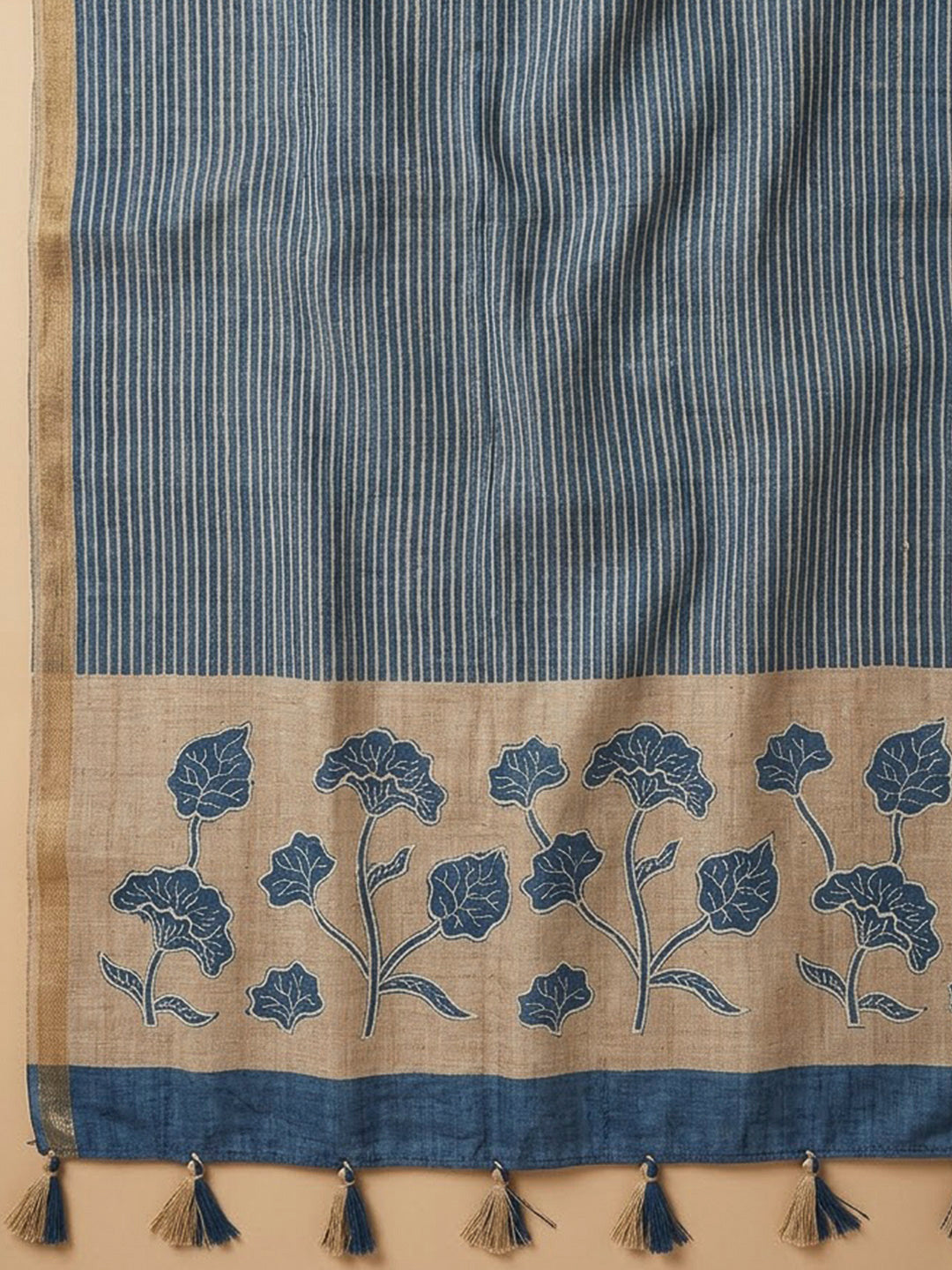Blue Tussar Printed Unstitched Dress Material