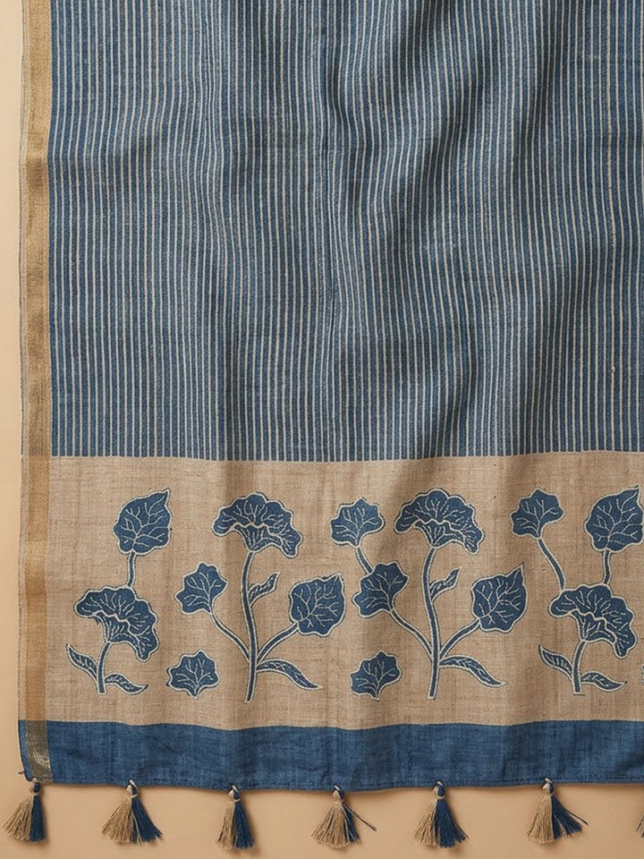 Blue Tussar Printed Unstitched Dress Material