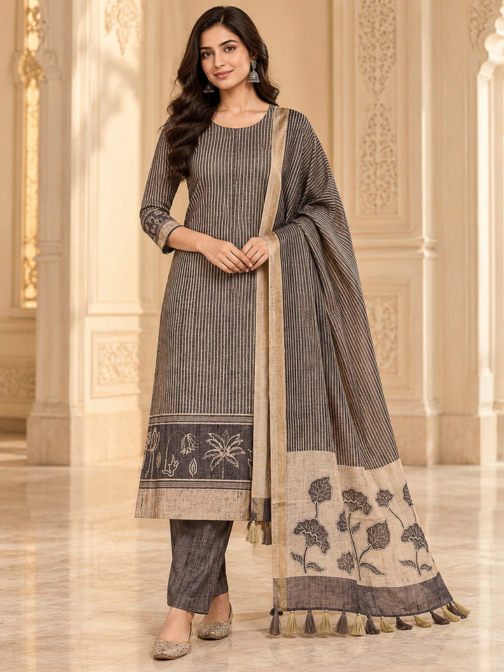 Brown Tussar Printed Unstitched Dress Material
