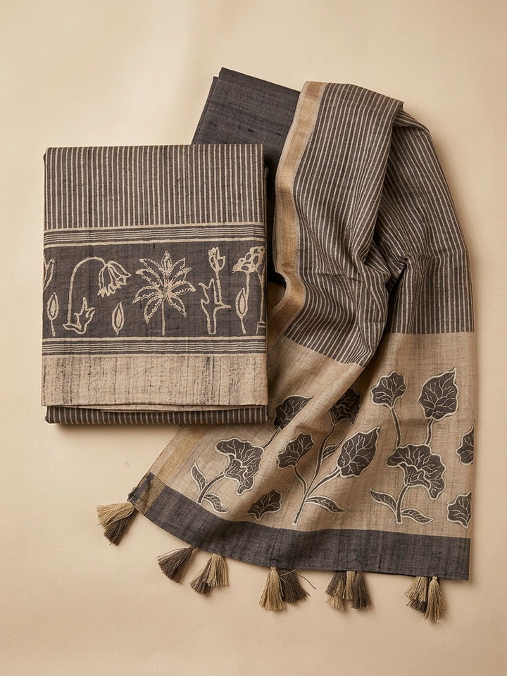 Brown Tussar Printed Unstitched Dress Material