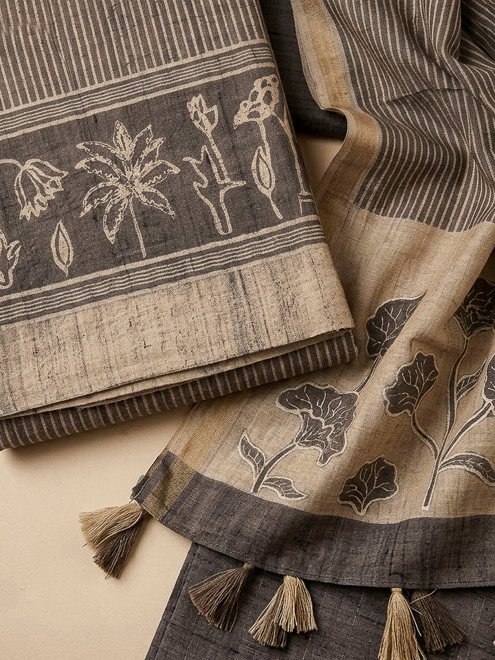 Brown Tussar Printed Unstitched Dress Material