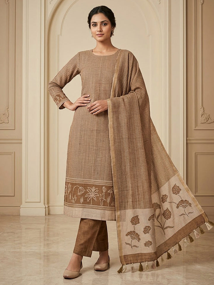 Grey Tussar Printed Unstitched Dress Material