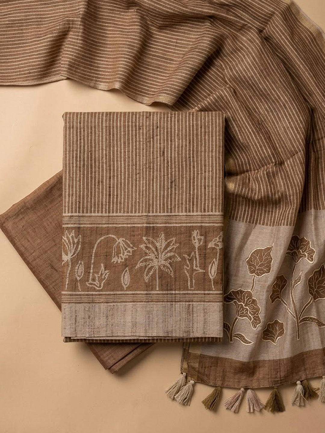 Grey Tussar Printed Unstitched Dress Material