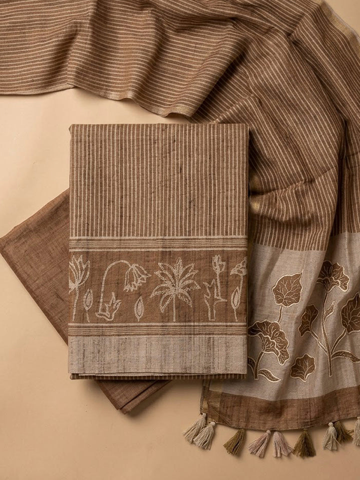 Grey Tussar Printed Unstitched Dress Material