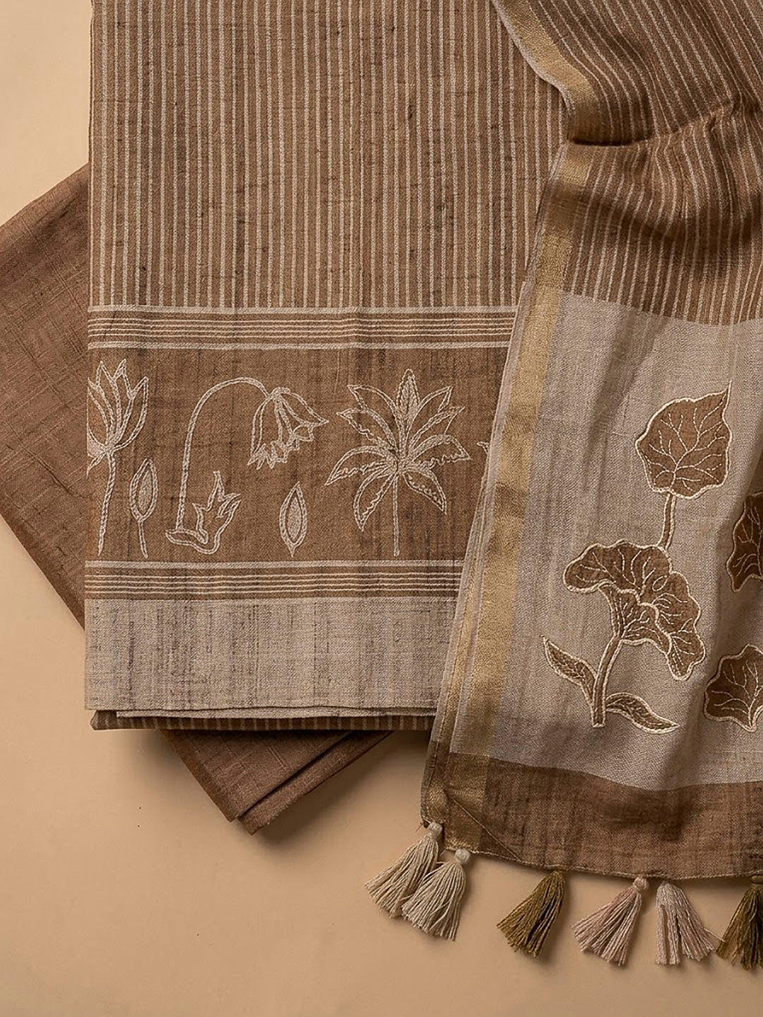 Grey Tussar Printed Unstitched Dress Material