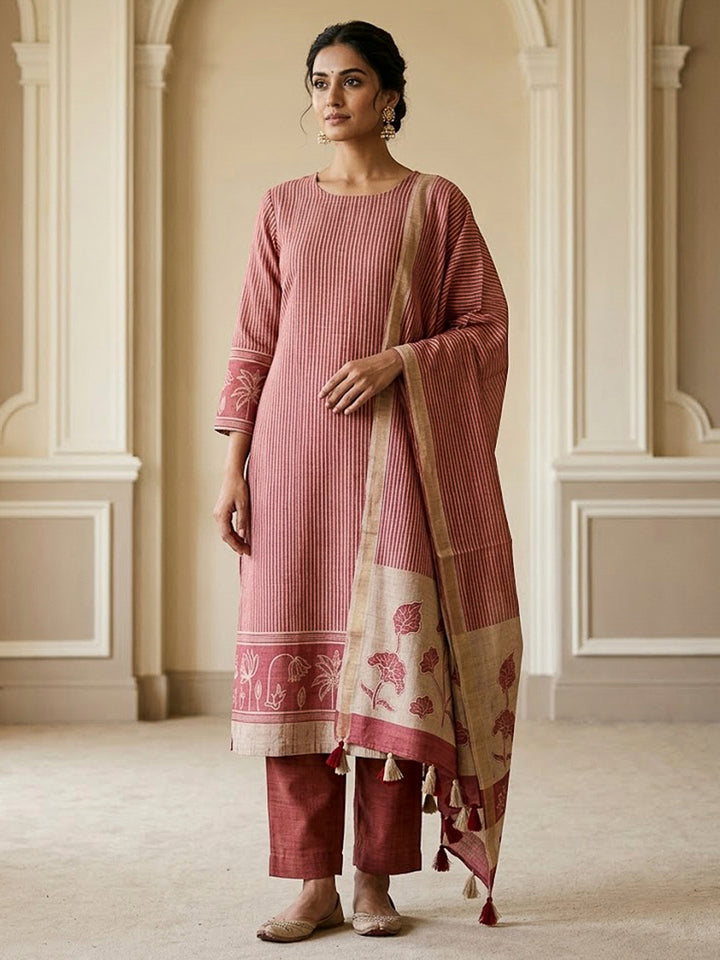 Onion Pink Tussar Printed Unstitched Dress Material