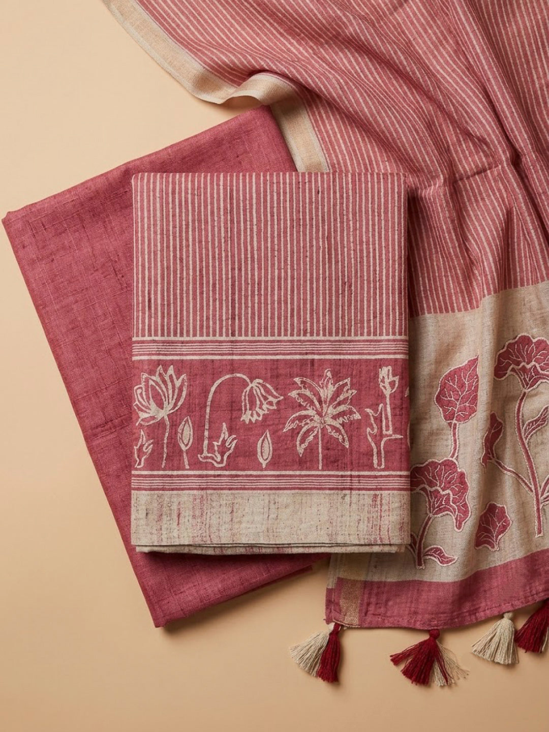 Onion Pink Tussar Printed Unstitched Dress Material