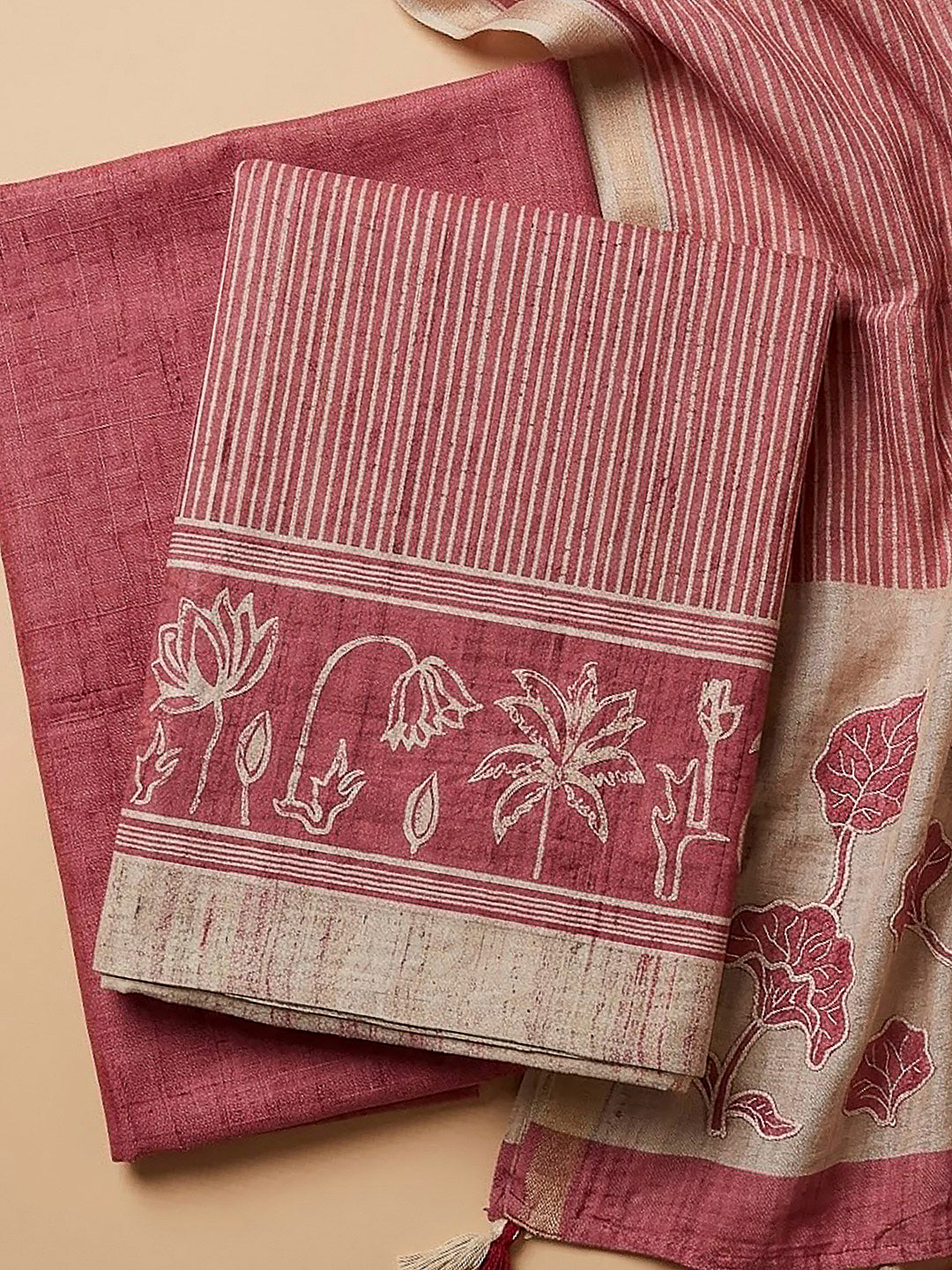 Onion Pink Tussar Printed Unstitched Dress Material