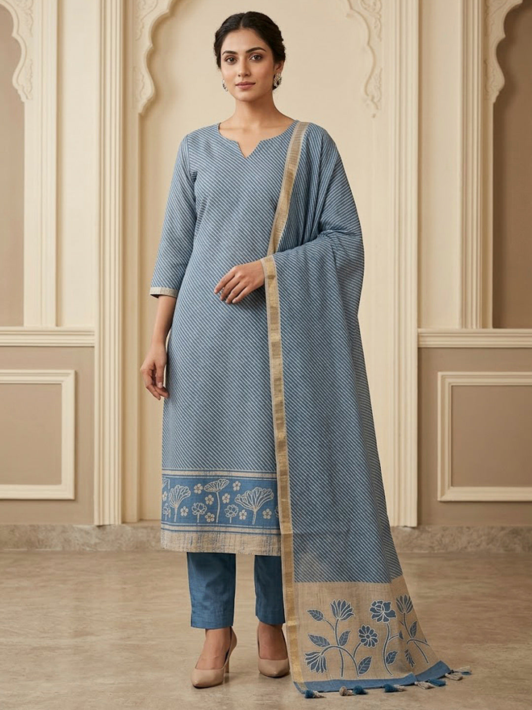 Blue Tussar Printed Unstitched Dress Material