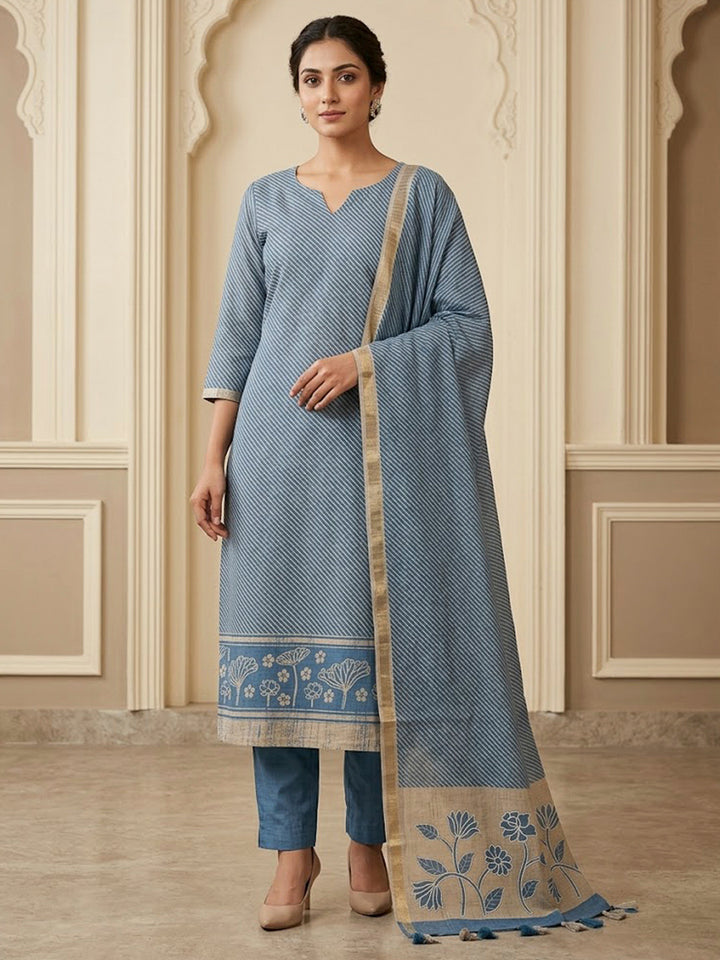 Blue Tussar Printed Unstitched Dress Material