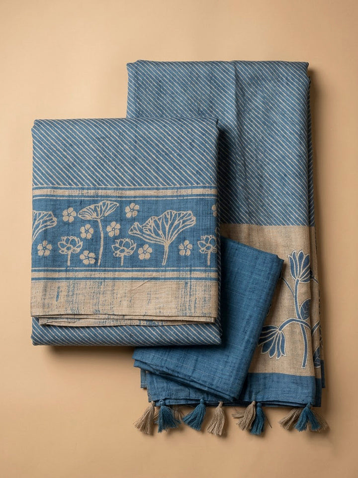 Blue Tussar Printed Unstitched Dress Material