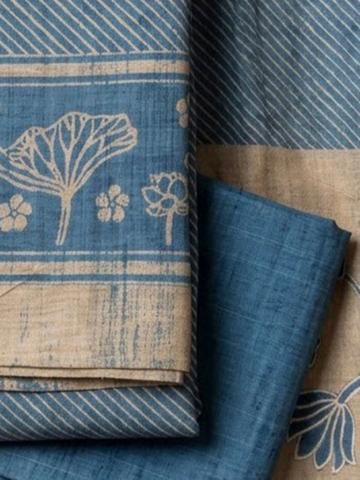 Blue Tussar Printed Unstitched Dress Material