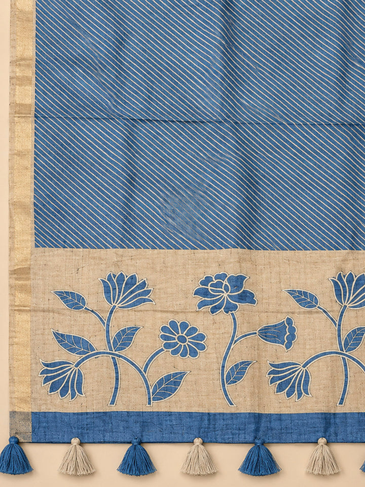 Blue Tussar Printed Unstitched Dress Material