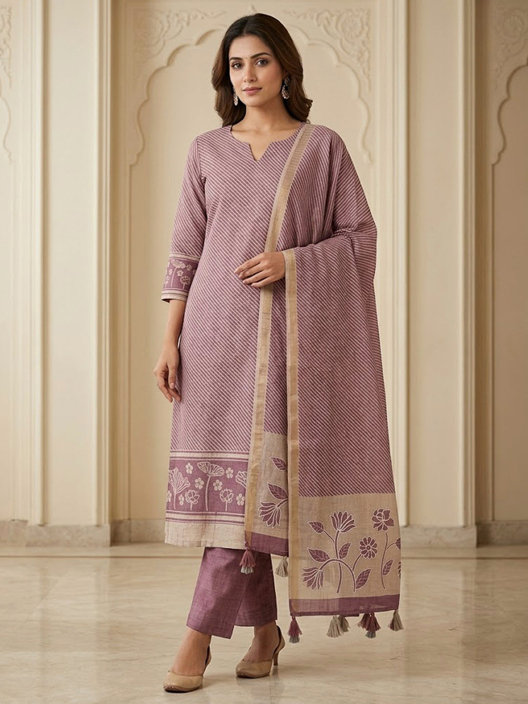 Purple Tussar Printed Unstitched Dress Material
