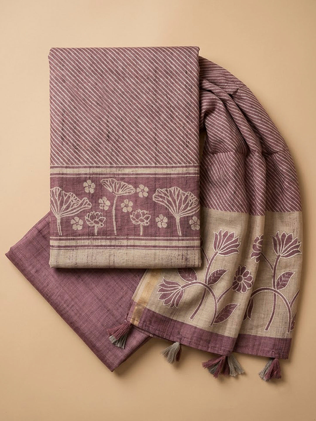 Purple Tussar Printed Unstitched Dress Material
