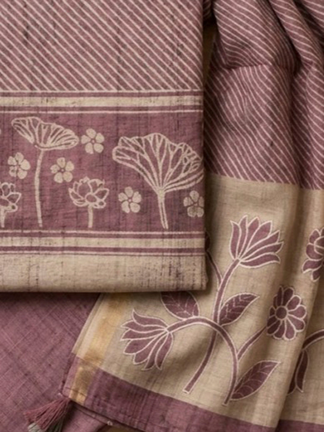 Purple Tussar Printed Unstitched Dress Material