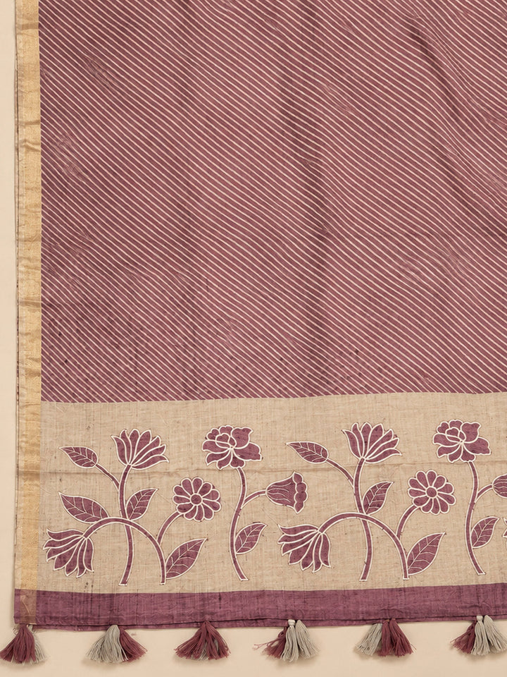 Purple Tussar Printed Unstitched Dress Material
