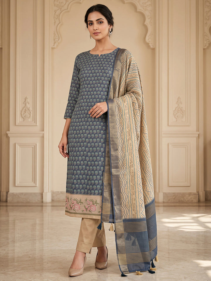 Blue Tussar Printed Unstitched Dress Material