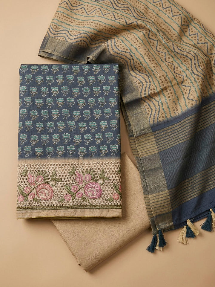 Blue Tussar Printed Unstitched Dress Material