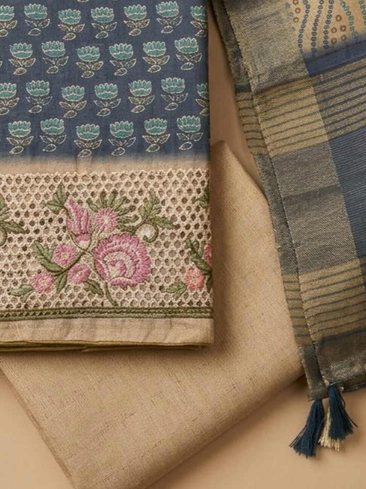 Blue Tussar Printed Unstitched Dress Material