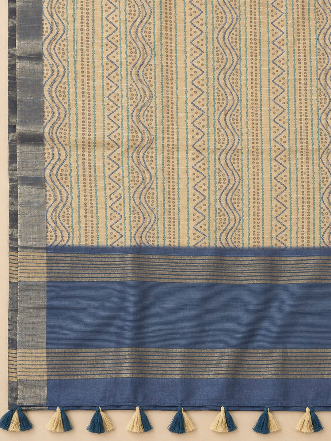 Blue Tussar Printed Unstitched Dress Material