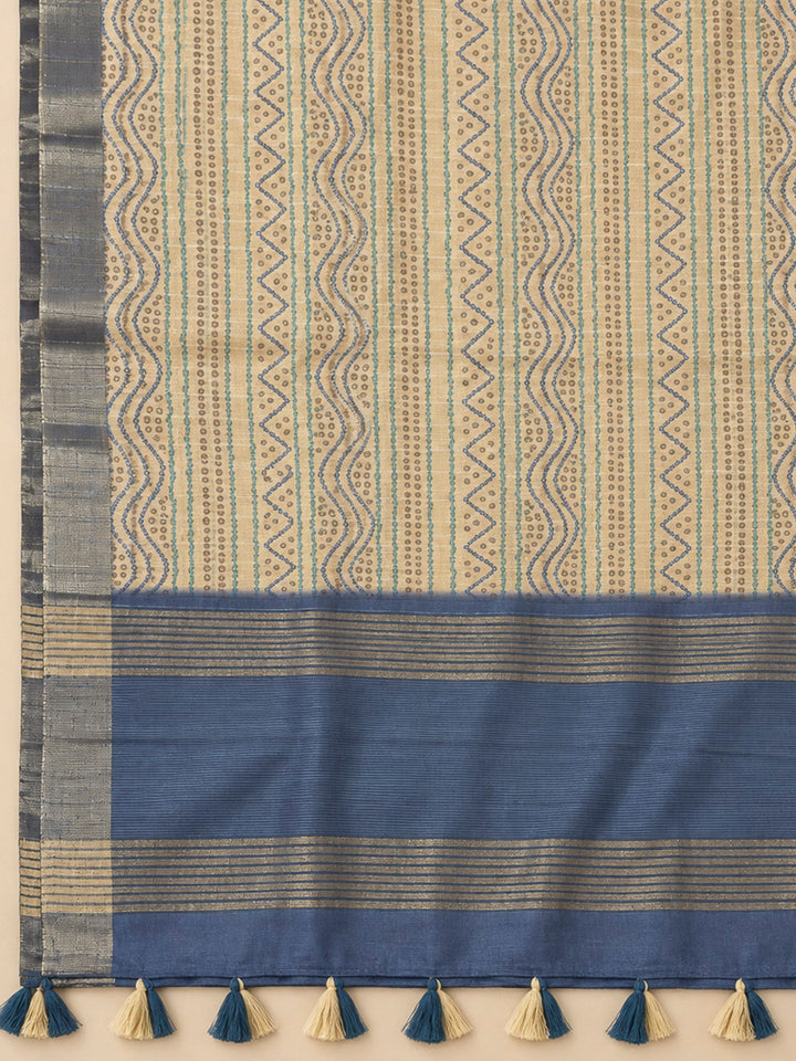 Blue Tussar Printed Unstitched Dress Material