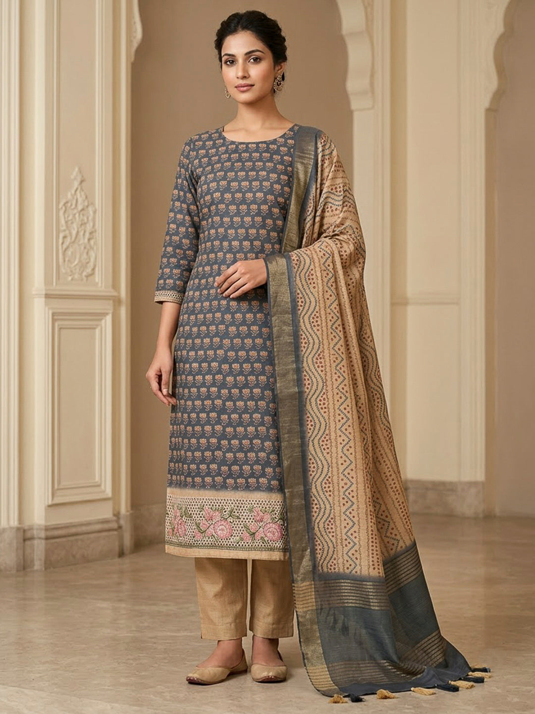 Grey Tussar Printed Unstitched Dress Material