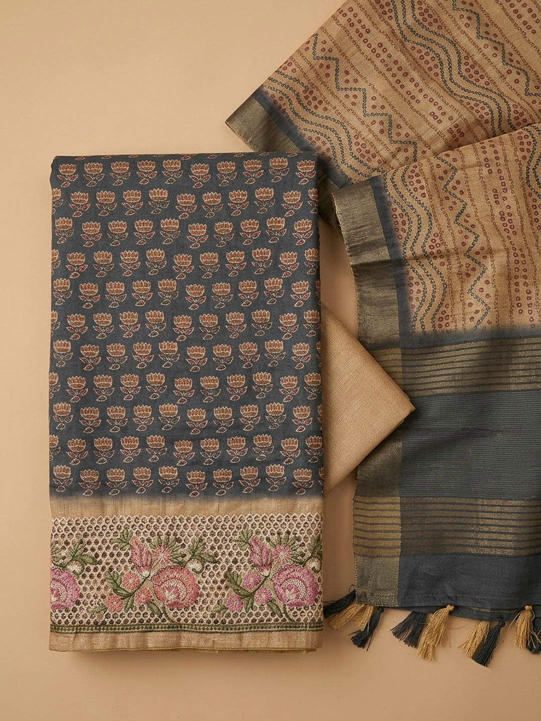 Grey Tussar Printed Unstitched Dress Material