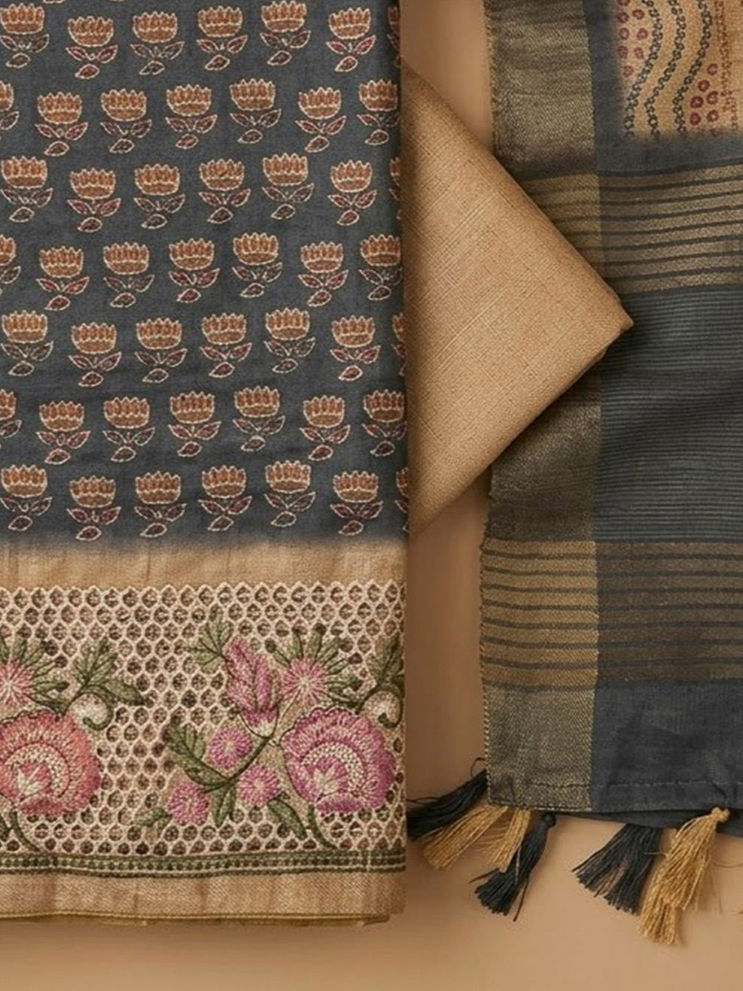 Grey Tussar Printed Unstitched Dress Material