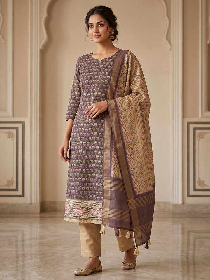 Purple Tussar Printed Unstitched Dress Material