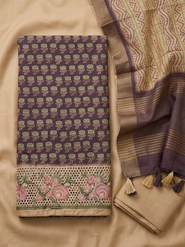 Purple Tussar Printed Unstitched Dress Material