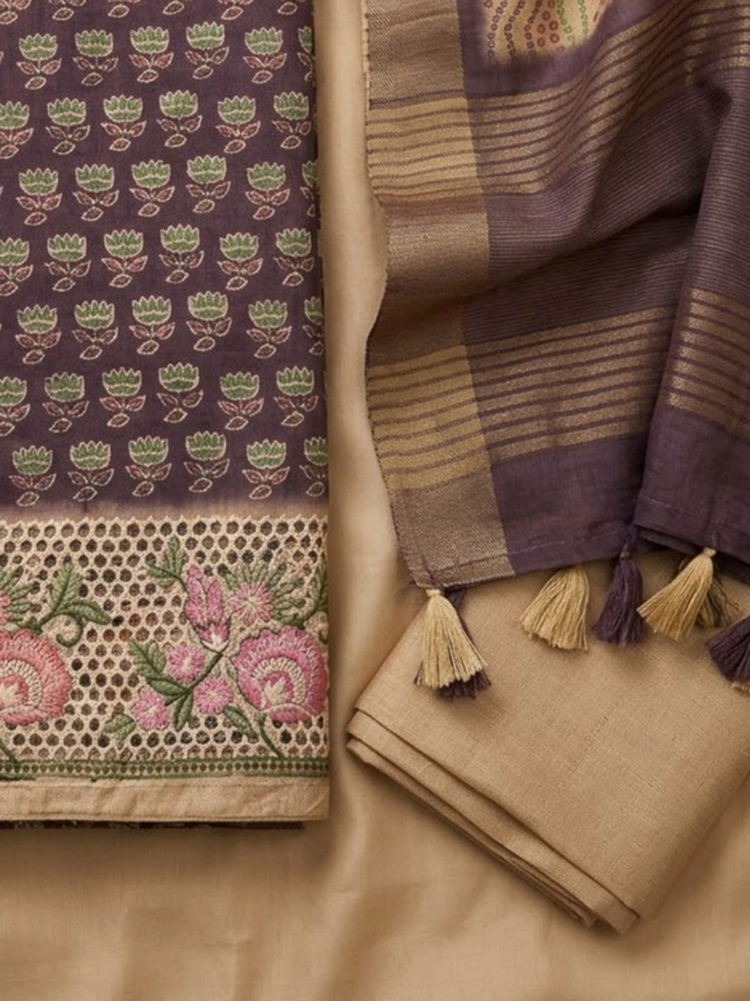 Purple Tussar Printed Unstitched Dress Material