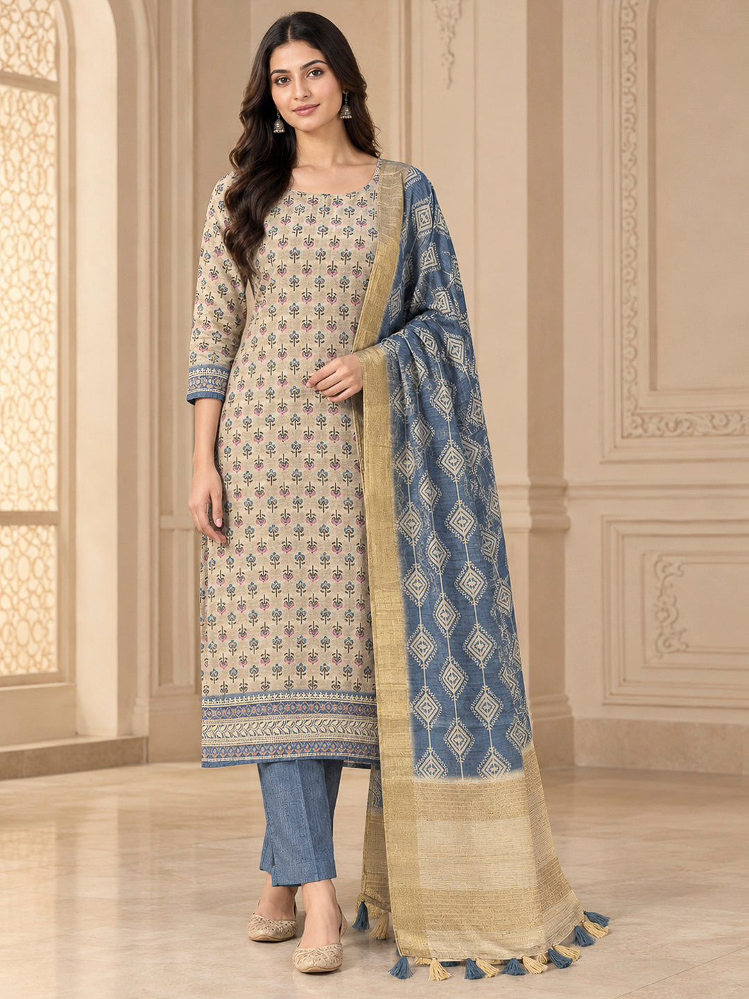 Blue Tussar Printed Unstitched Dress Material