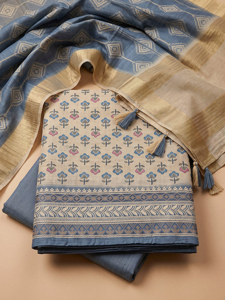 Blue Tussar Printed Unstitched Dress Material