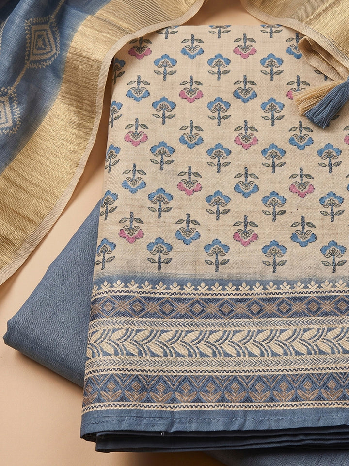 Blue Tussar Printed Unstitched Dress Material