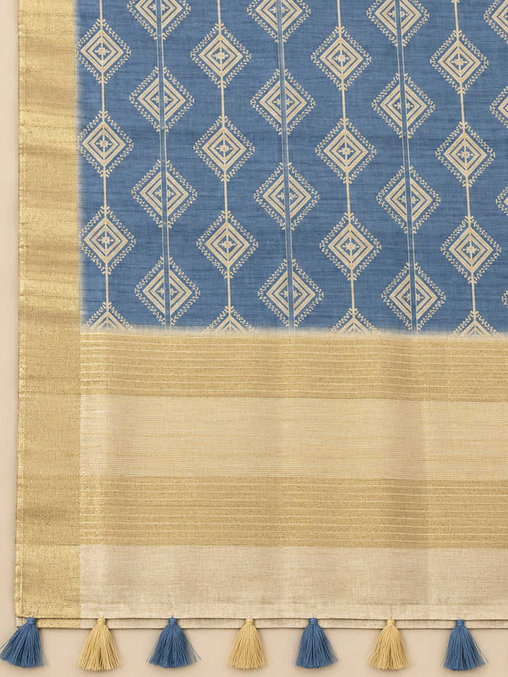 Blue Tussar Printed Unstitched Dress Material