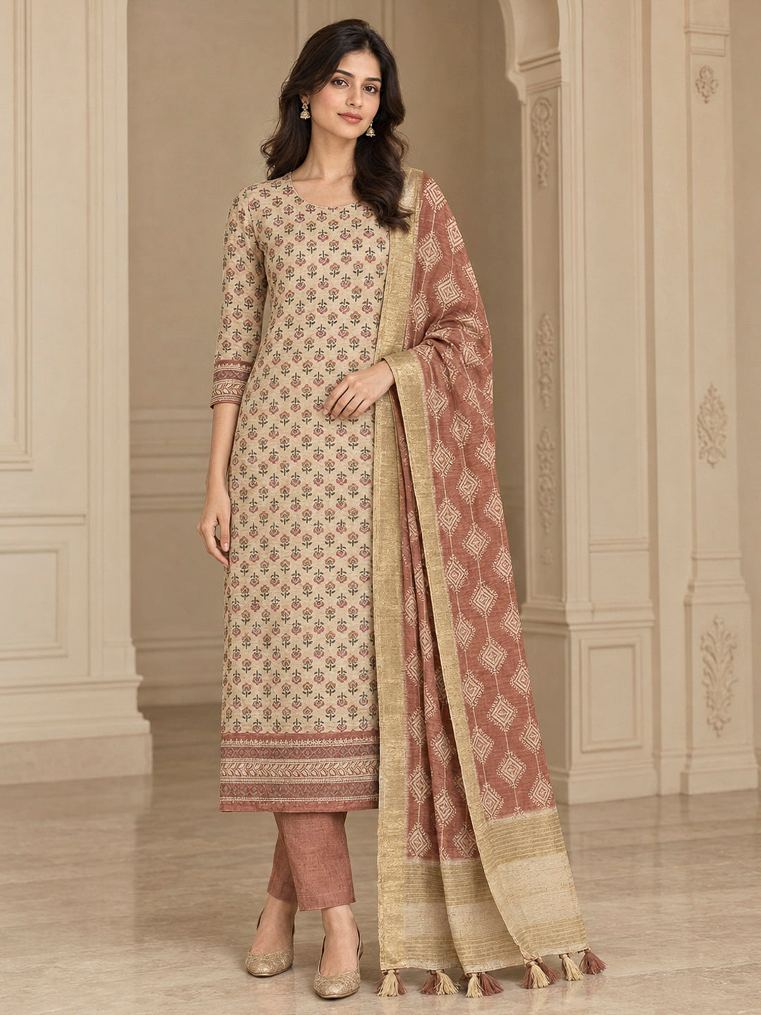 Rust Tussar Printed Unstitched Dress Material