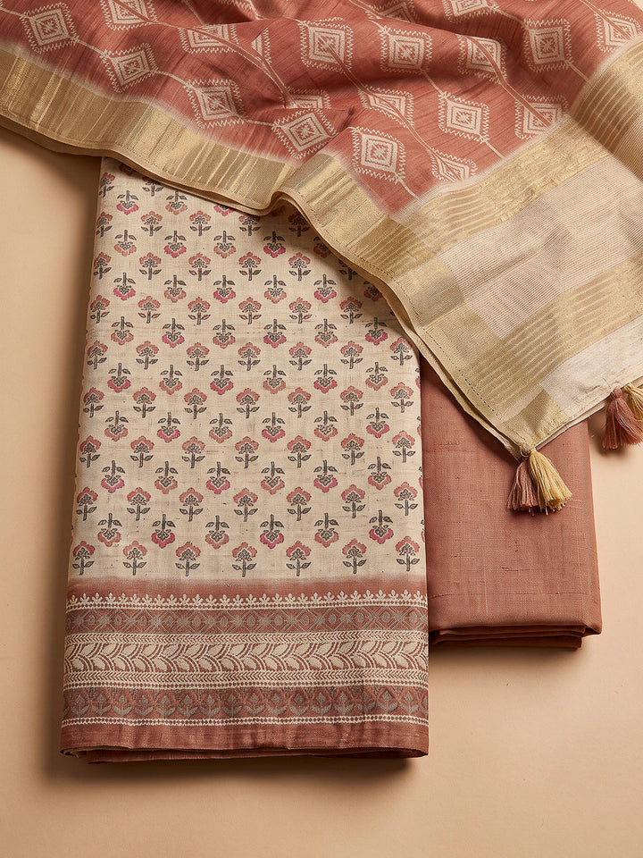 Rust Tussar Printed Unstitched Dress Material