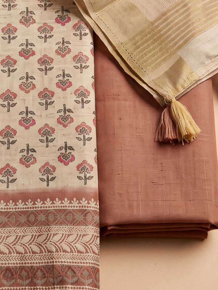 Rust Tussar Printed Unstitched Dress Material