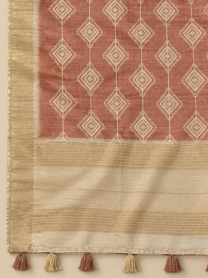 Rust Tussar Printed Unstitched Dress Material