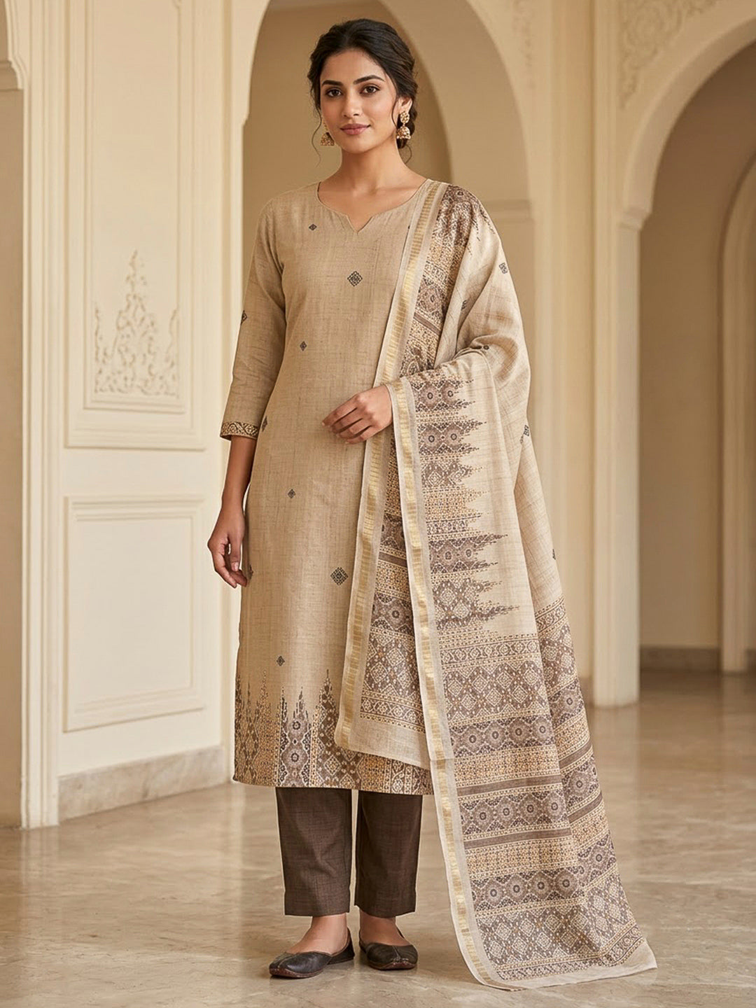 Brown Art Silk Printed Unstitched Dress Material
