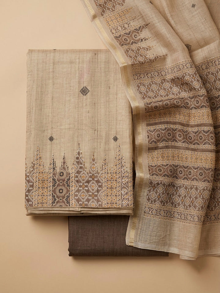 Brown Art Silk Printed Unstitched Dress Material