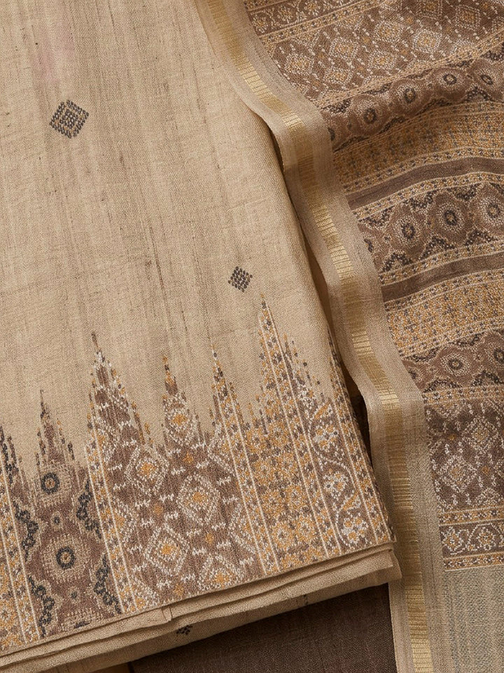 Brown Art Silk Printed Unstitched Dress Material