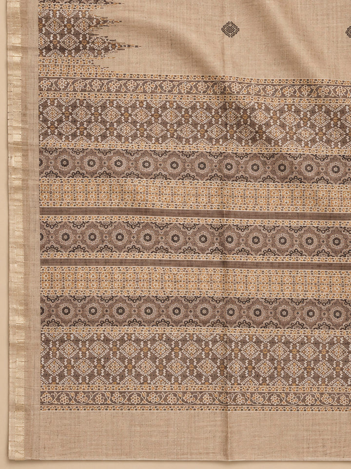 Brown Art Silk Printed Unstitched Dress Material