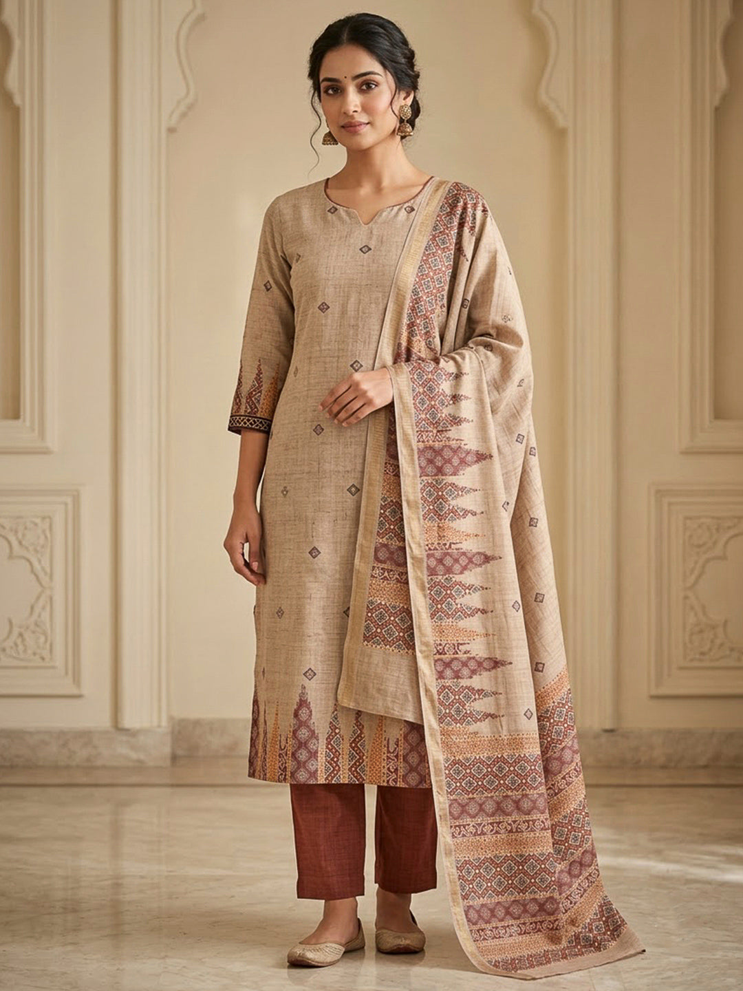 Brown Tussar Printed Unstitched Dress Material