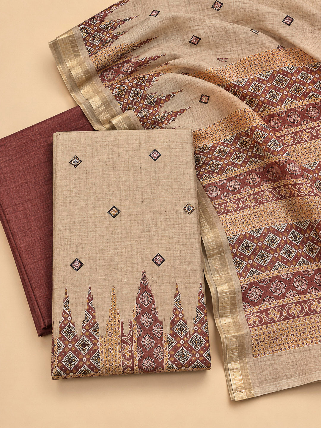 Brown Tussar Printed Unstitched Dress Material