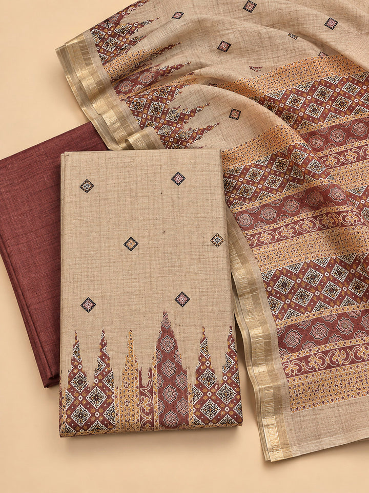 Brown Tussar Printed Unstitched Dress Material